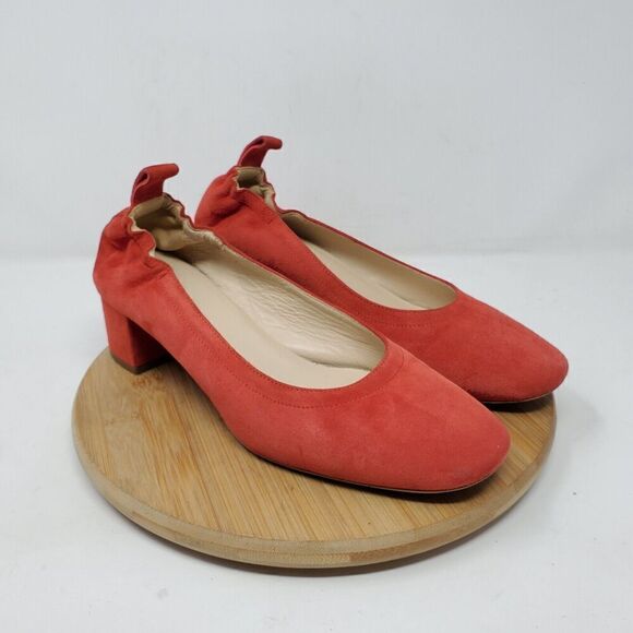 Everlane The Day Heel Womens 6 Red Suede Elastic Back Block Pump Shoes Italy - Picture 6 of 12